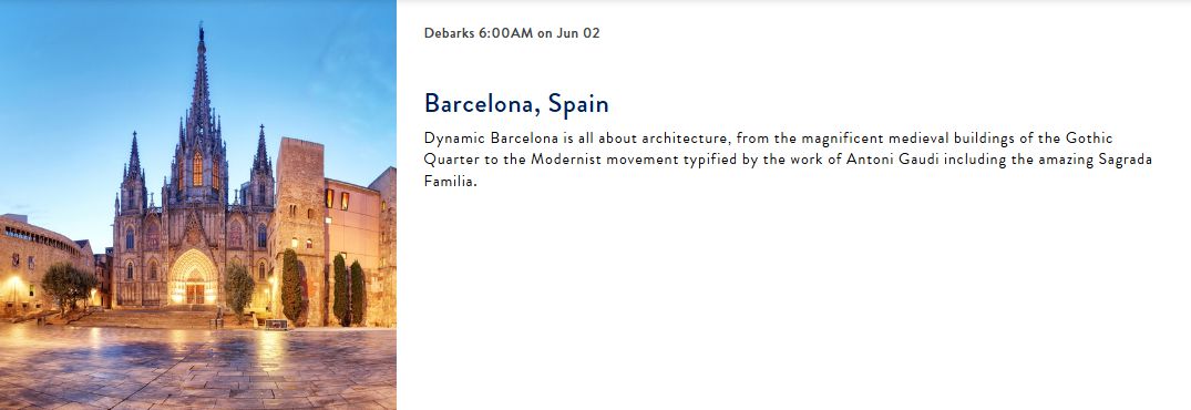 Barcelona, Spain Dynamic Barcelona is all about architecture, from the magnificent medieval buildings of the Gothic Quarter to the Modernist movement typified by the work of Antoni Gaudi including the amazing Sagrada Familia.